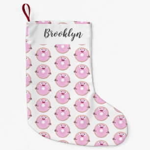 Cute happy pink glazed doughnut cartoon small christmas stocking