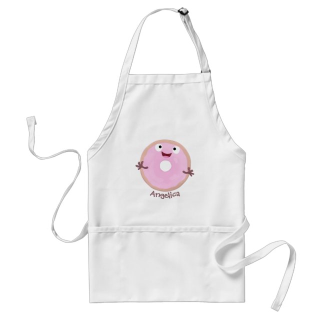 Cute happy pink glazed doughnut cartoon standard apron (Front)