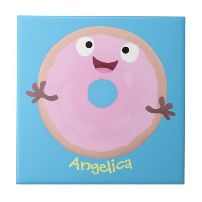 Cute happy pink glazed doughnut cartoon tile (Front)