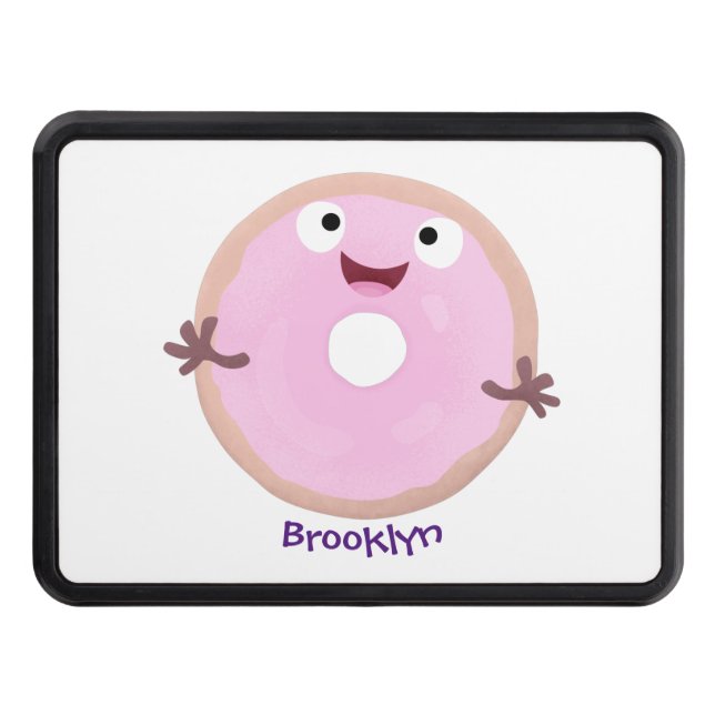 Cute happy pink glazed doughnut cartoon trailer hitch cover (Front)