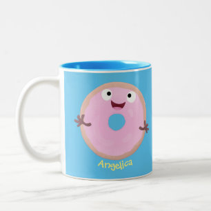 Cute happy pink glazed doughnut cartoon Two-Tone coffee mug