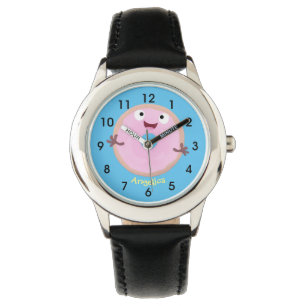 Cute happy pink glazed doughnut cartoon watch