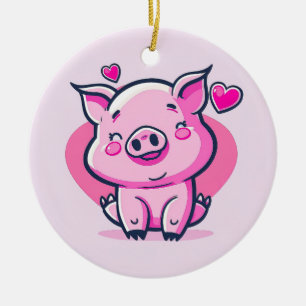 Cute Happy Pink Pig Hearts Valentine Inspired Ceramic Ornament