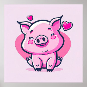 Cute Happy Pink Pig Hearts Valentine Inspired   Poster