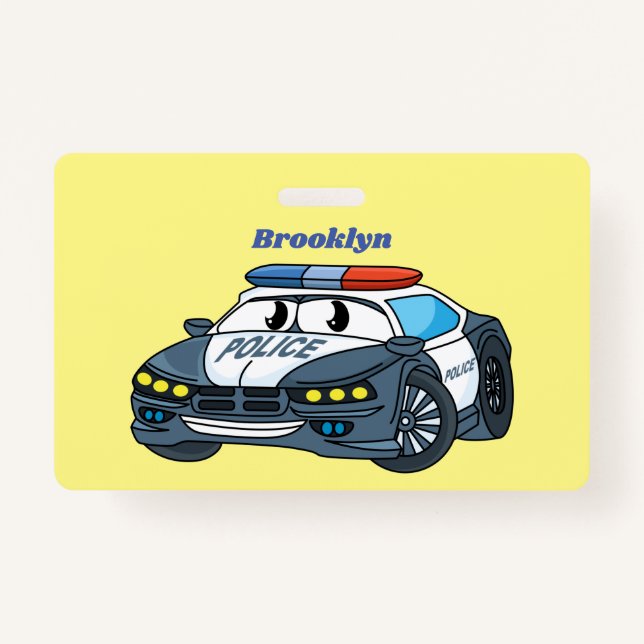 Cute happy police car cartoon illustration badge (Front)