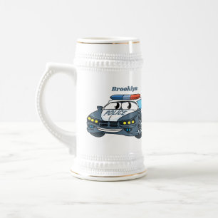 Cute happy police car cartoon illustration beer stein