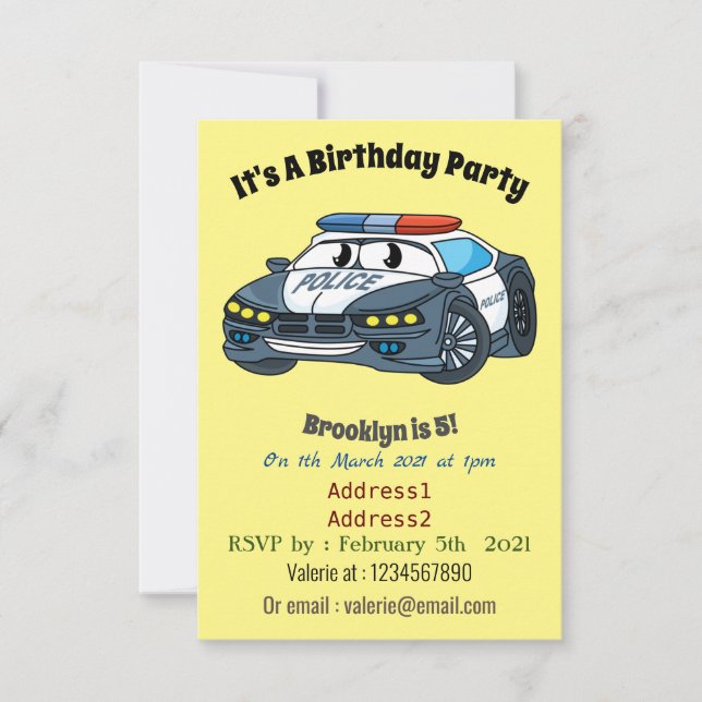 Cute happy police car cartoon illustration invitation (Front)