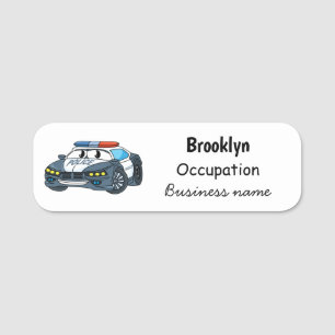 Cute happy police car cartoon illustration name tag