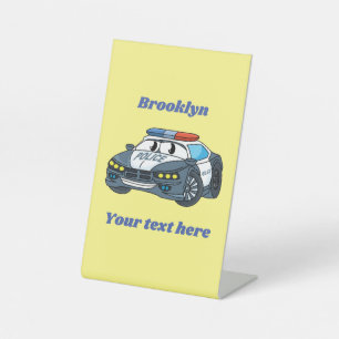 Cute happy police car cartoon illustration pedestal sign
