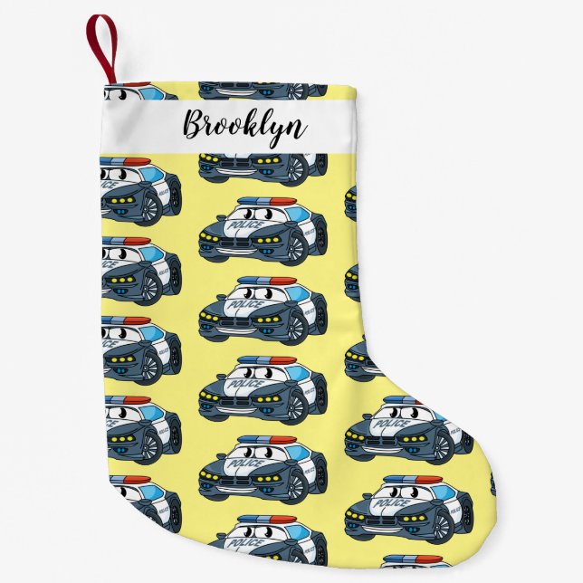 Cute happy police car cartoon illustration small christmas stocking (Front)