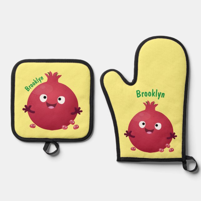 Cute happy pomegranate fruit cartoon oven mitt & pot holder set (Front)