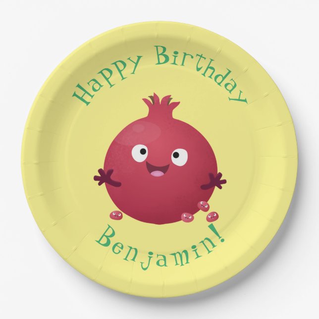 Cute happy pomegranate fruit cartoon paper plate (Front)