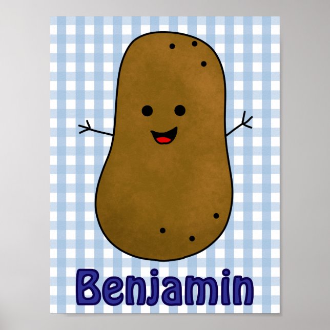 Cute Happy Potato Blue Gingham Custom Poster (Front)