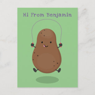 Cute happy potato jumping rope cartoon postcard