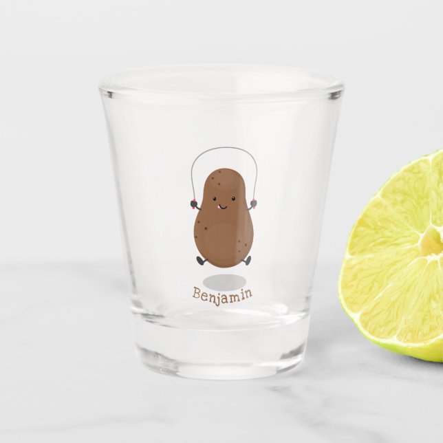 Cute happy potato jumping rope cartoon  shot glass (Front)
