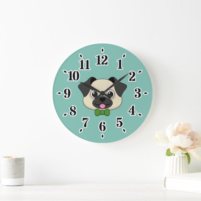 Cute Happy Pug Dog with Papillon Large Clock (Home)