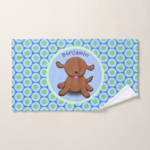 Cute happy puppy dog blue cartoon illustration bath towel set