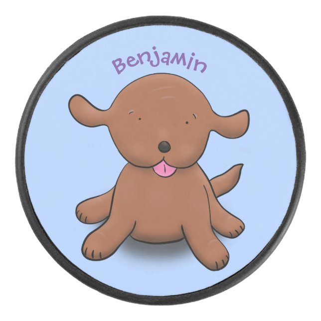 Cute happy puppy dog blue cartoon illustration hockey puck (Front)