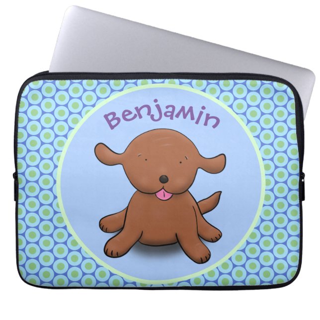 Cute happy puppy dog blue cartoon illustration laptop sleeve (Front)