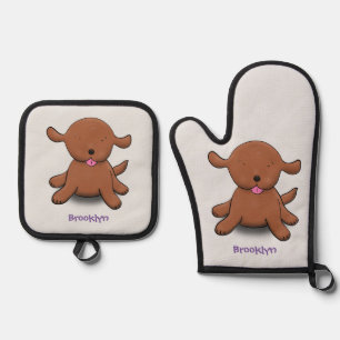 Cute happy puppy dog cartoon illustration oven mitt & pot holder set