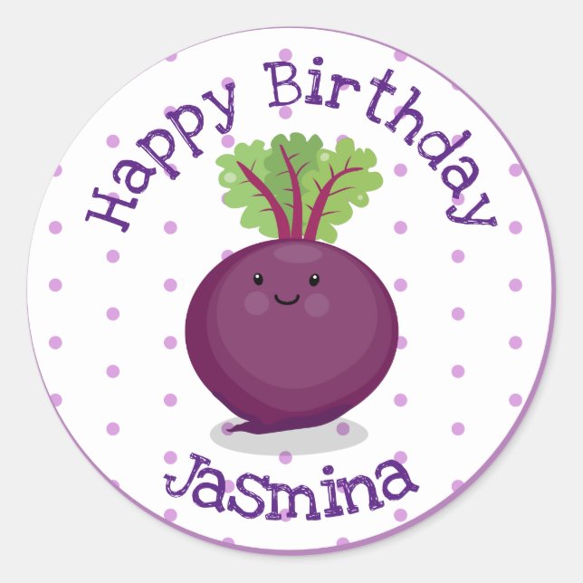 Cute happy purple beet cartoon illustration classic round sticker (Front)