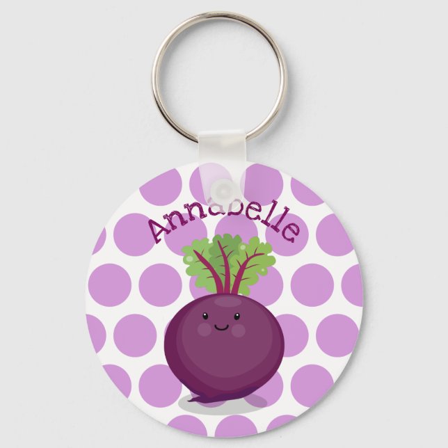 Cute happy purple beet cartoon illustration keychain (Front)