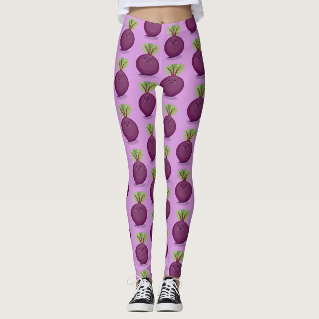 Cute happy purple beet cartoon illustration leggings (Front)