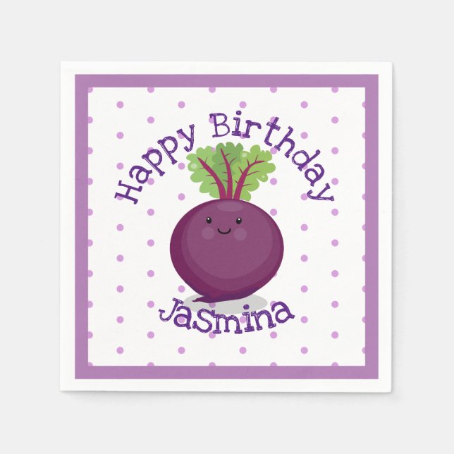 Cute happy purple beet cartoon illustration napkin (Front)