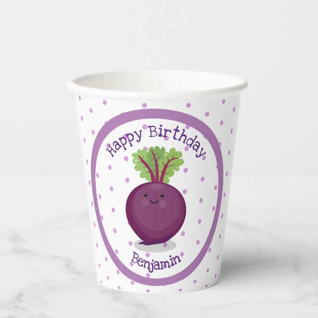 Cute happy purple beet cartoon illustration paper cups (Front)