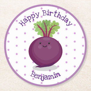 Cute happy purple beet cartoon illustration round paper coaster