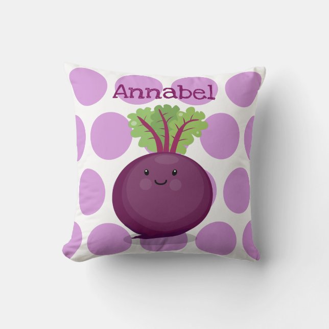 Cute happy purple beet cartoon illustration throw pillow (Front)
