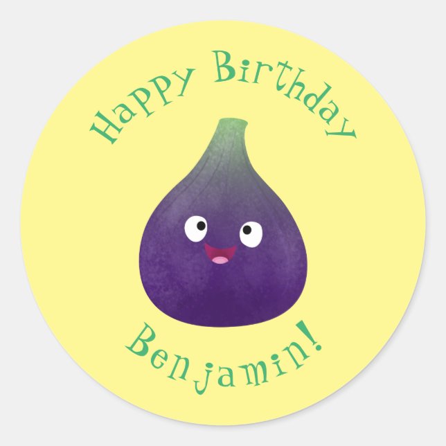 Cute happy purple fig fruit cartoon classic round sticker (Front)