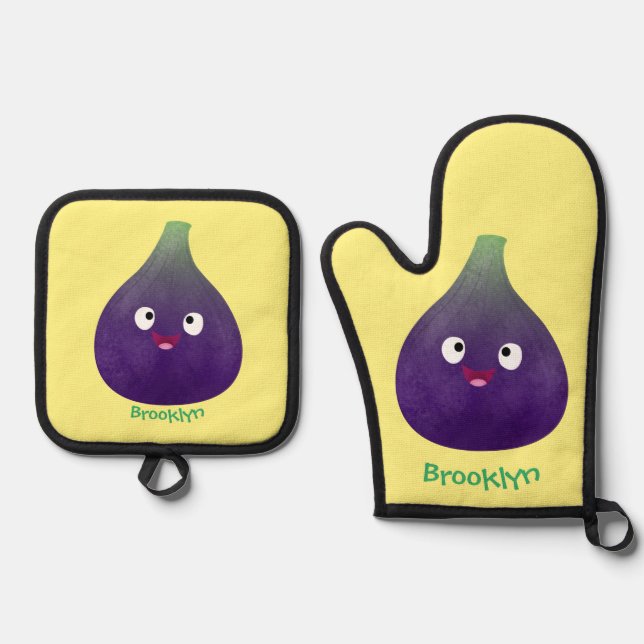 Cute happy purple fig fruit cartoon oven mitt & pot holder set (Front)