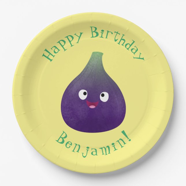 Cute happy purple fig fruit cartoon  paper plate (Front)
