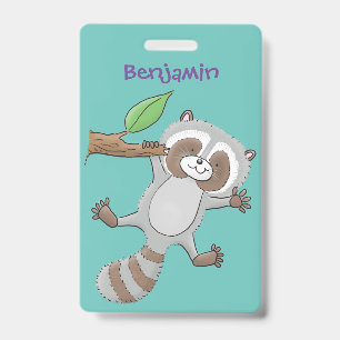 Cute happy raccoon baby cartoon illustration badge