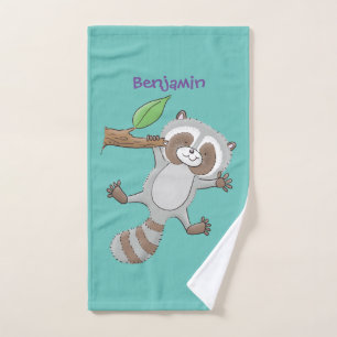 Cute happy raccoon baby cartoon illustration bath towel set
