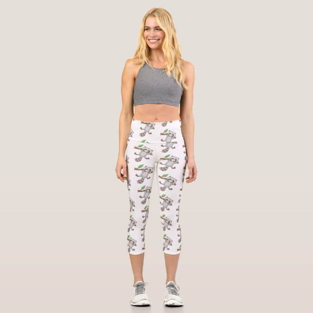Cute happy raccoon baby cartoon illustration capri leggings (Front)