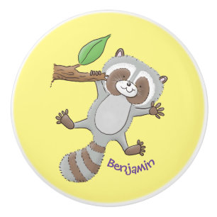 Cute happy raccoon baby cartoon illustration ceramic knob