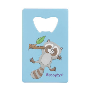 Cute happy raccoon baby cartoon illustration credit card bottle opener