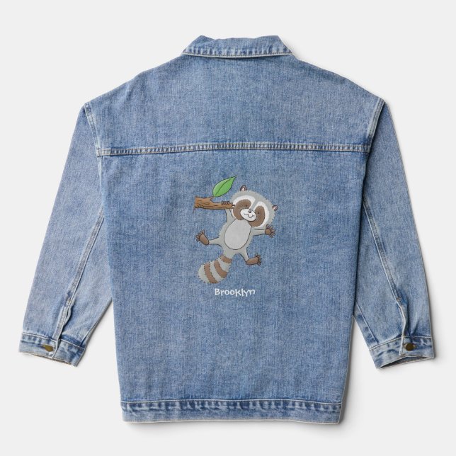 Cute happy raccoon baby cartoon illustration denim jacket (Back)