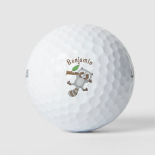 Cute happy raccoon baby cartoon illustration golf balls