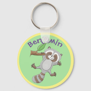 Cute happy raccoon baby cartoon illustration keychain
