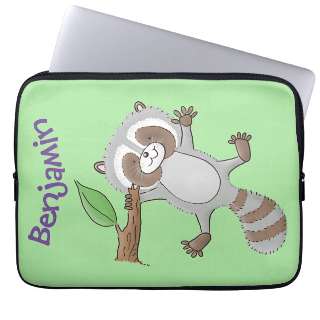 Cute happy raccoon baby cartoon illustration laptop sleeve (Front)