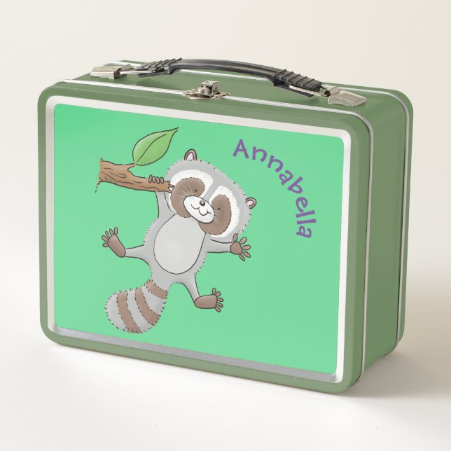 Cute happy raccoon baby cartoon illustration metal lunch box (Front)
