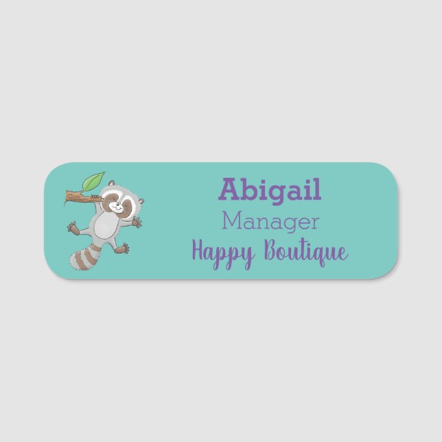 Cute happy raccoon baby cartoon illustration  name tag (Front)