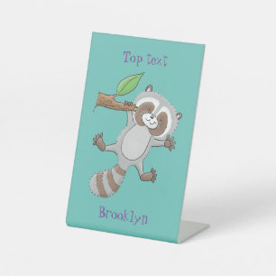 Cute happy raccoon baby cartoon illustration pedestal sign