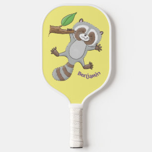 Cute happy raccoon baby cartoon illustration pickleball paddle