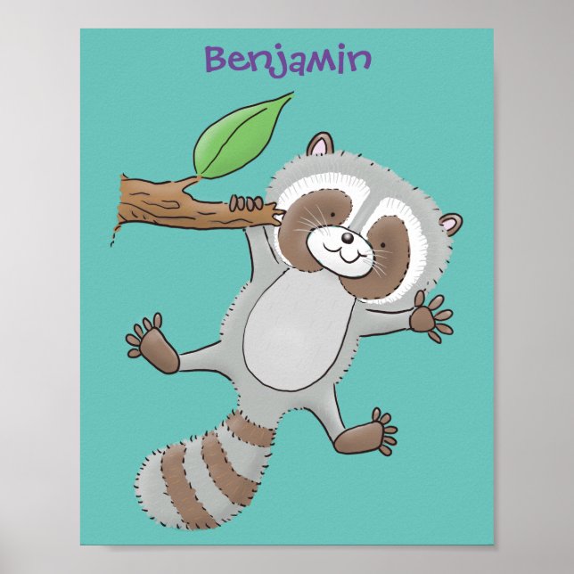 Cute happy raccoon baby cartoon illustration poster (Front)