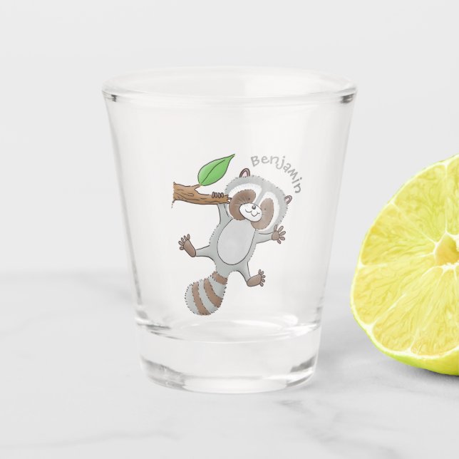 Cute happy raccoon baby cartoon illustration  shot glass (Front)