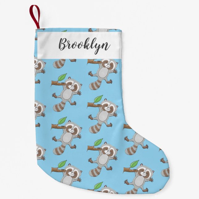 Cute happy raccoon baby cartoon illustration  small christmas stocking (Front)